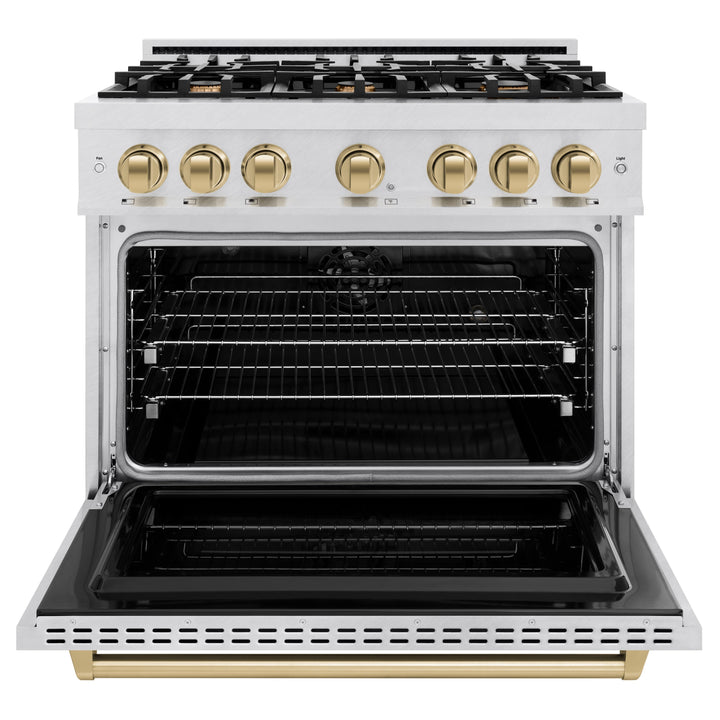 ZLINE Autograph Edition 36" 5.2 cu. ft. Classic Dual Fuel Range with 6 Burners  in DuraSnow® Stainless Steel with Champagne Bronze Accents, CDRSZ-36-CB