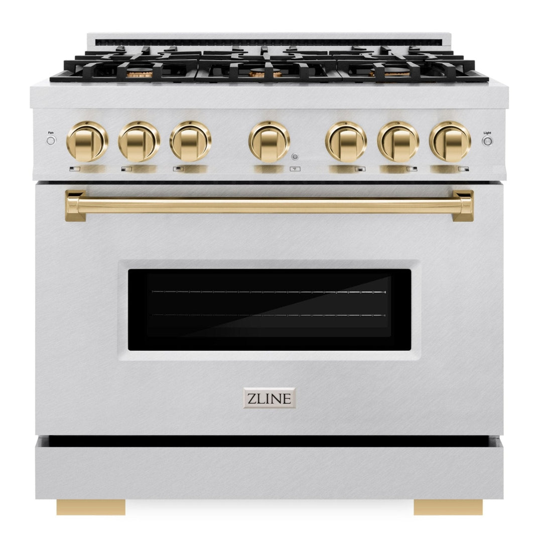 ZLINE Autograph Edition 36" 5.2 cu. ft. Classic Dual Fuel Range with 6 Burners in DuraSnow® Stainless Steel with Polished Gold Accents, CDRSZ-36-G