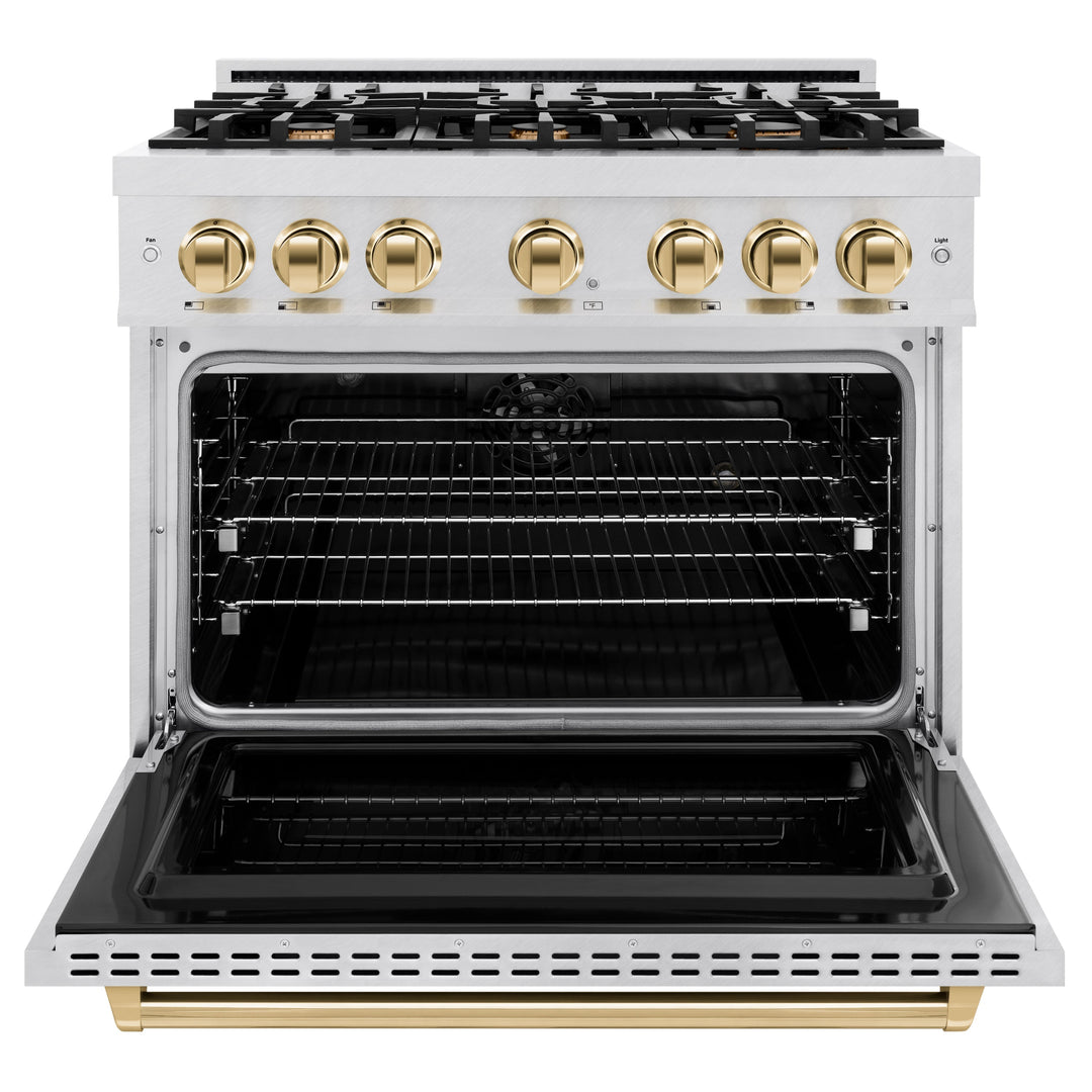 ZLINE Autograph Edition 36" 5.2 cu. ft. Classic Dual Fuel Range with 6 Burners in DuraSnow® Stainless Steel with Polished Gold Accents, CDRSZ-36-G