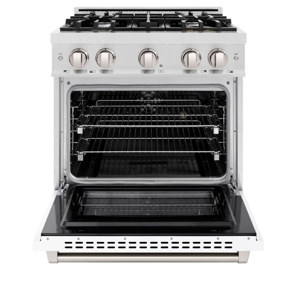 ZLINE 30" 4.2 cu. ft. Select Dual Fuel Range with 4 Burners in DuraSnow® Stainless Steel with White Matte Door, HDRS-WM-30