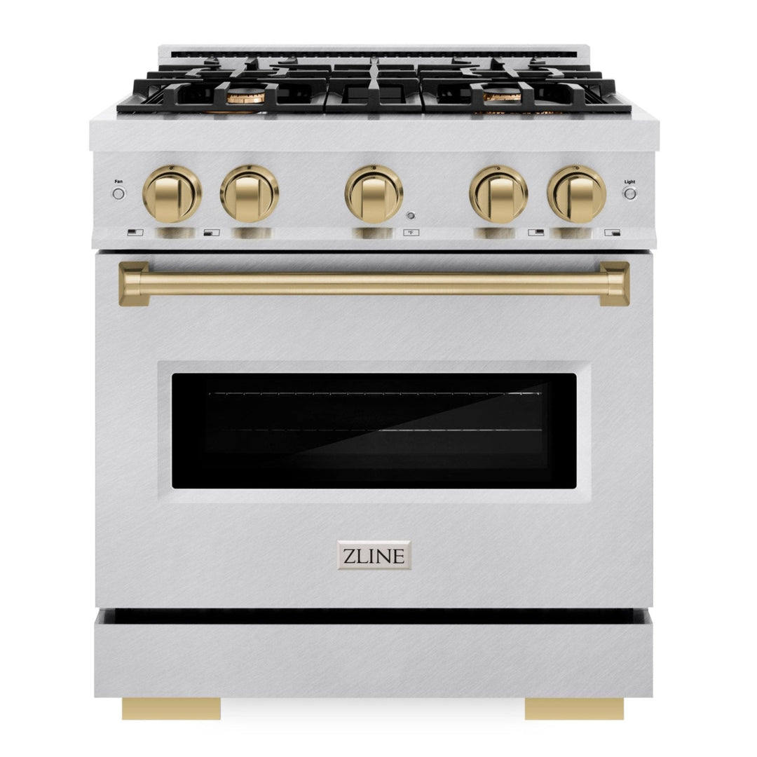 ZLINE Autograph Edition 30" 4.2 cu. ft. Classic Gas Range with 4 Burners in DuraSnow® Stainless Steel and Champagne Bronze Accents, CGRSZ-30-CB