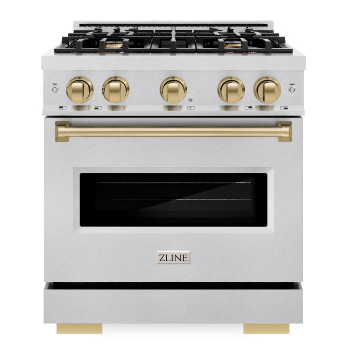 ZLINE Autograph Edition 30" 4.2 cu. ft. Classic Gas Range with 4 Burners in DuraSnow® Stainless Steel and Champagne Bronze Accents, CGRSZ-30-CB