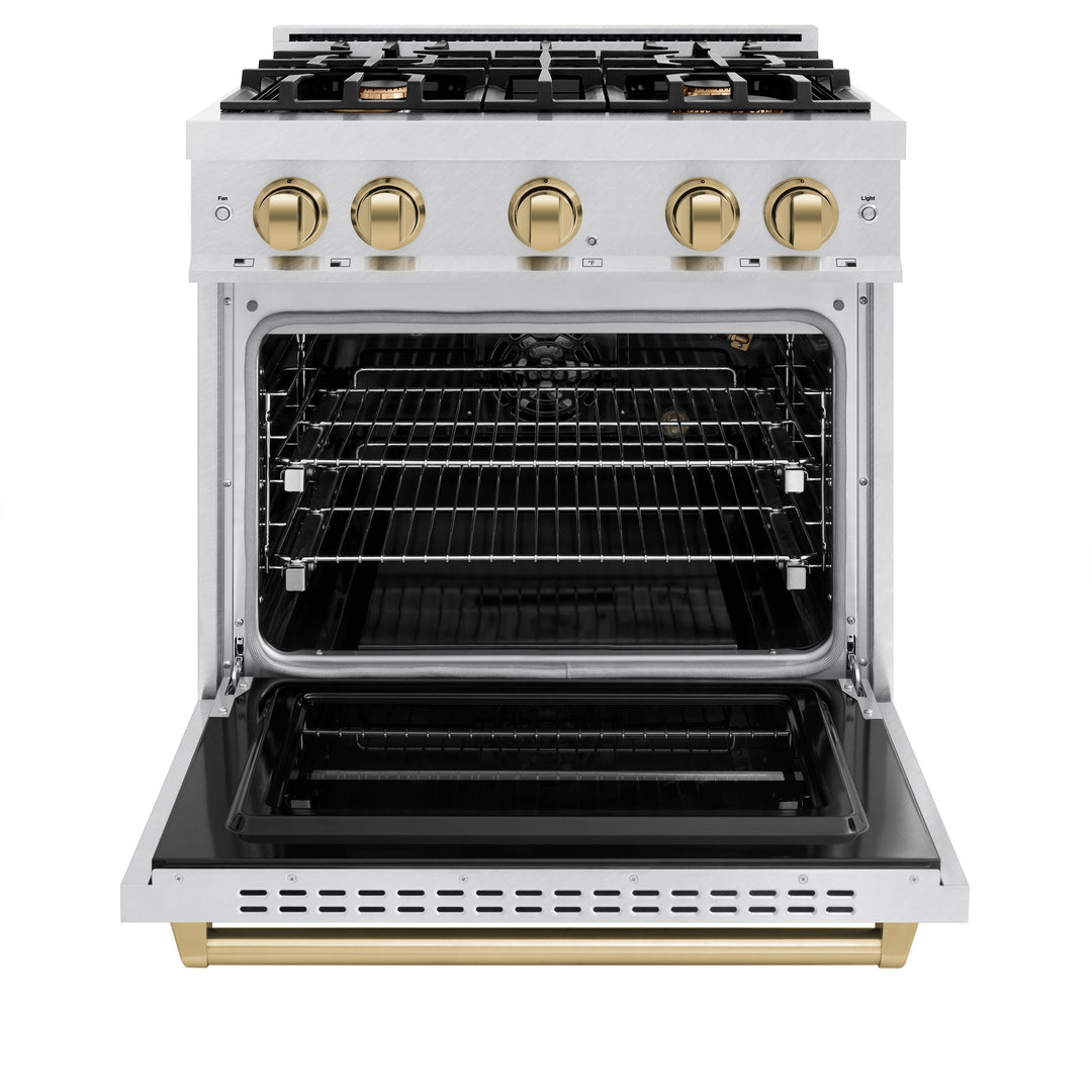 ZLINE Autograph Edition 30" 4.2 cu. ft. Classic Gas Range with 4 Burners in DuraSnow® Stainless Steel and Champagne Bronze Accents, CGRSZ-30-CB