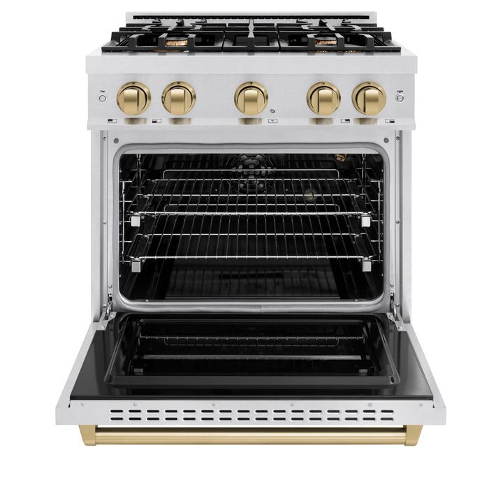 ZLINE Autograph Edition 30" 4.2 cu. ft. Classic Gas Range with 4 Burners in DuraSnow® Stainless Steel and Champagne Bronze Accents, CGRSZ-30-CB