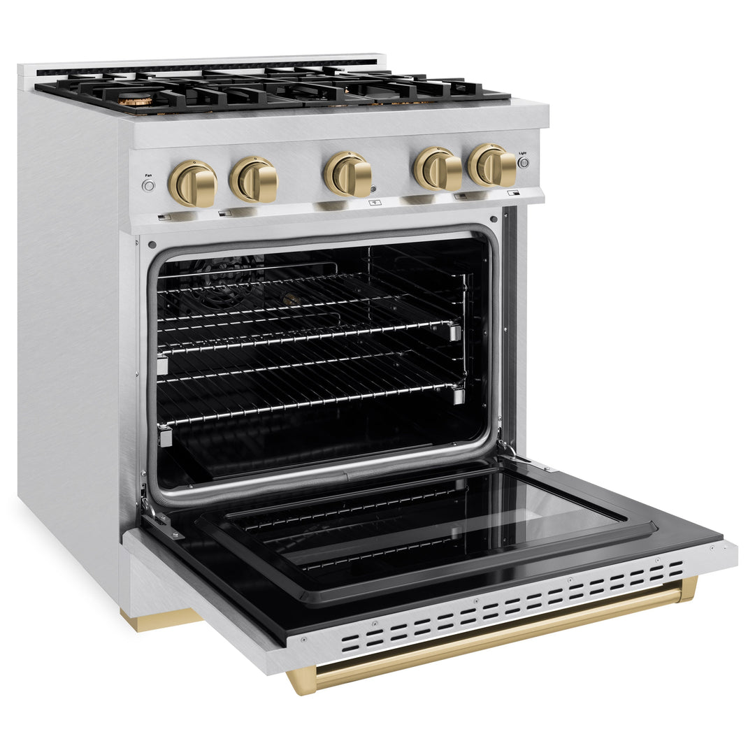 ZLINE Autograph Edition 30" 4.2 cu. ft. Classic Gas Range with 4 Burners in DuraSnow® Stainless Steel and Champagne Bronze Accents, CGRSZ-30-CB