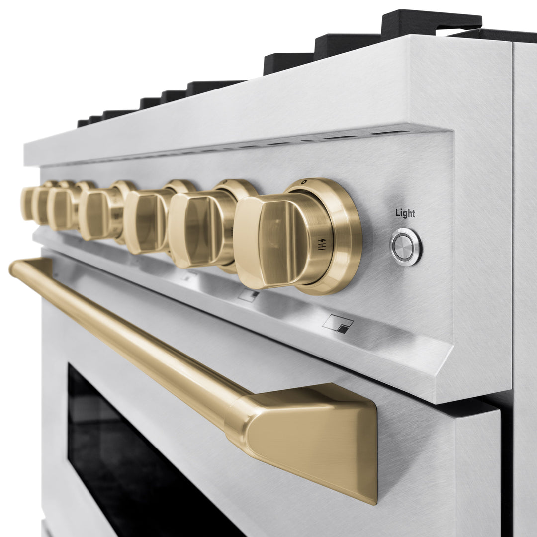 ZLINE Autograph Edition 36" 5.2 cu. ft. Classic Gas Range with 6 Burners in DuraSnow® Stainless Steel and Champagne Bronze Accents, CGRSZ-36-CB