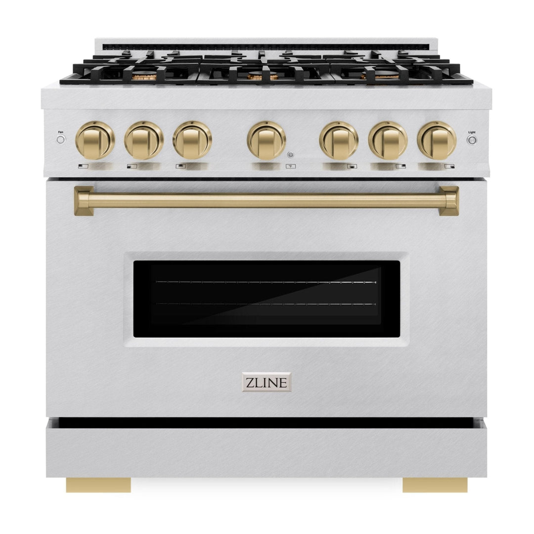 ZLINE Autograph Edition 36" 5.2 cu. ft. Classic Gas Range with 6 Burners in DuraSnow® Stainless Steel and Champagne Bronze Accents, CGRSZ-36-CB