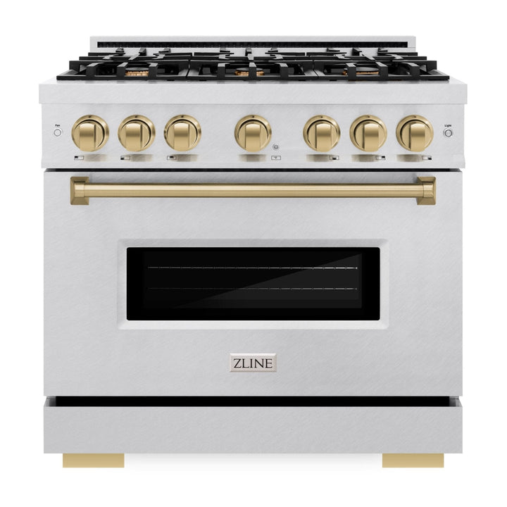 ZLINE Autograph Edition 36" 5.2 cu. ft. Classic Gas Range with 6 Burners in DuraSnow® Stainless Steel and Champagne Bronze Accents, CGRSZ-36-CB