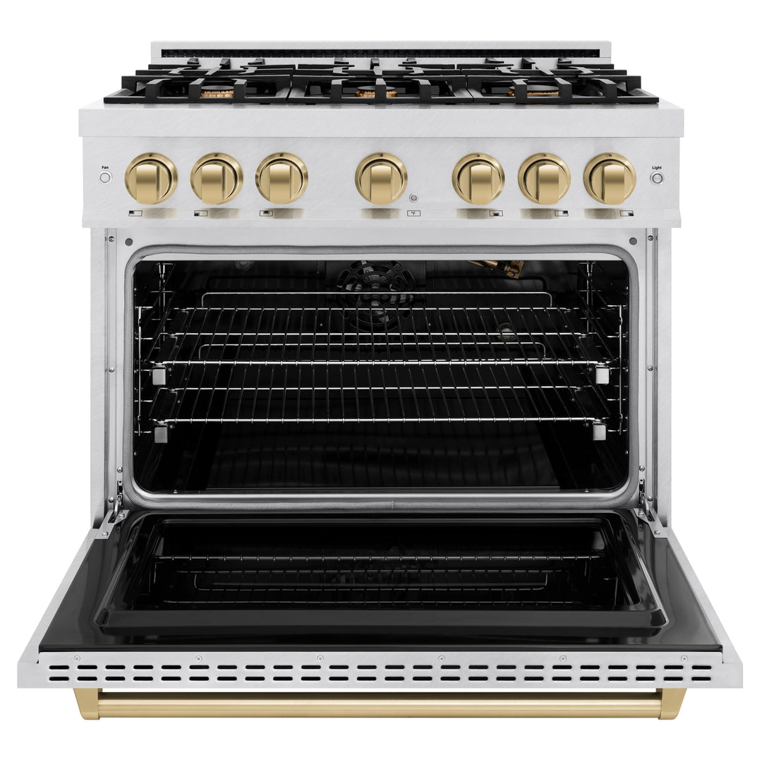 ZLINE Autograph Edition 36" 5.2 cu. ft. Classic Gas Range with 6 Burners in DuraSnow® Stainless Steel and Champagne Bronze Accents, CGRSZ-36-CB