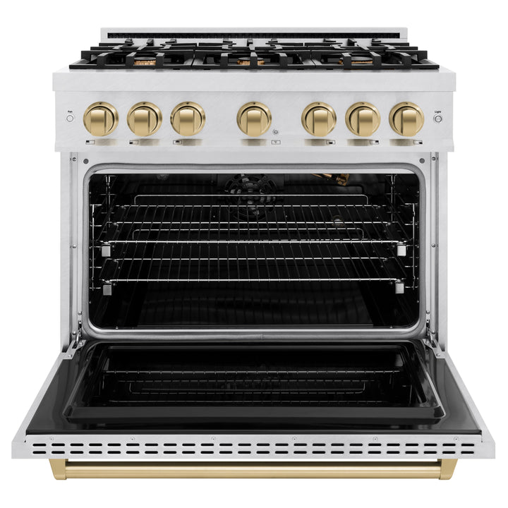ZLINE Autograph Edition 36" 5.2 cu. ft. Classic Gas Range with 6 Burners in DuraSnow® Stainless Steel and Champagne Bronze Accents, CGRSZ-36-CB