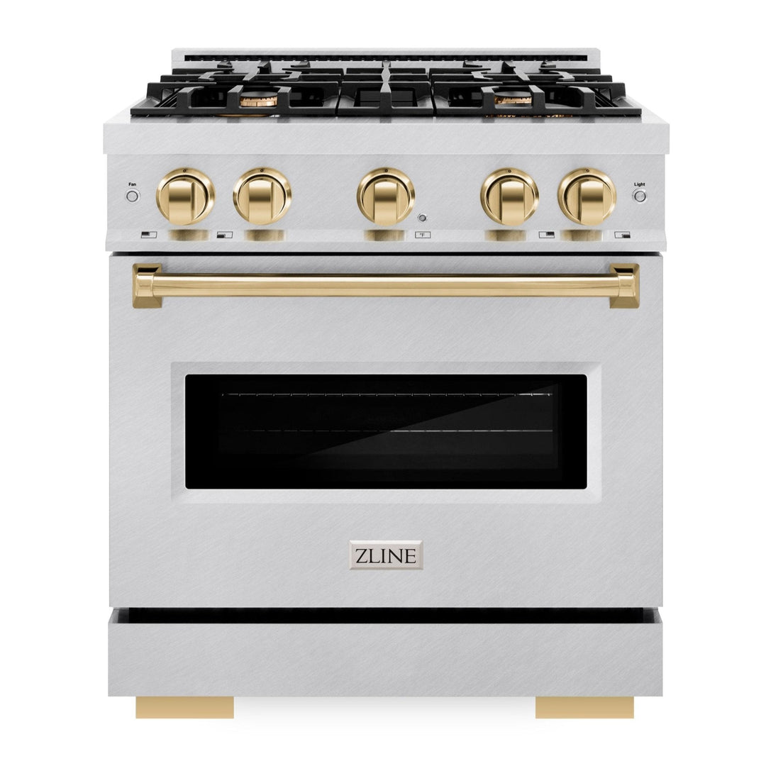 ZLINE Autograph Edition 30" 4.2 cu. ft. Classic Gas Range with 4 Burners in DuraSnow® Stainless Steel and Polished Gold Accents, CGRSZ-30-G
