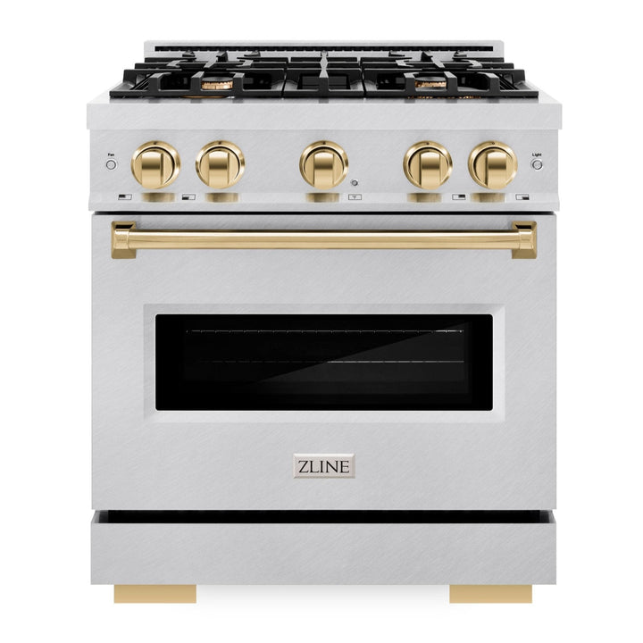 ZLINE Autograph Edition 30" 4.2 cu. ft. Classic Gas Range with 4 Burners in DuraSnow® Stainless Steel and Polished Gold Accents, CGRSZ-30-G