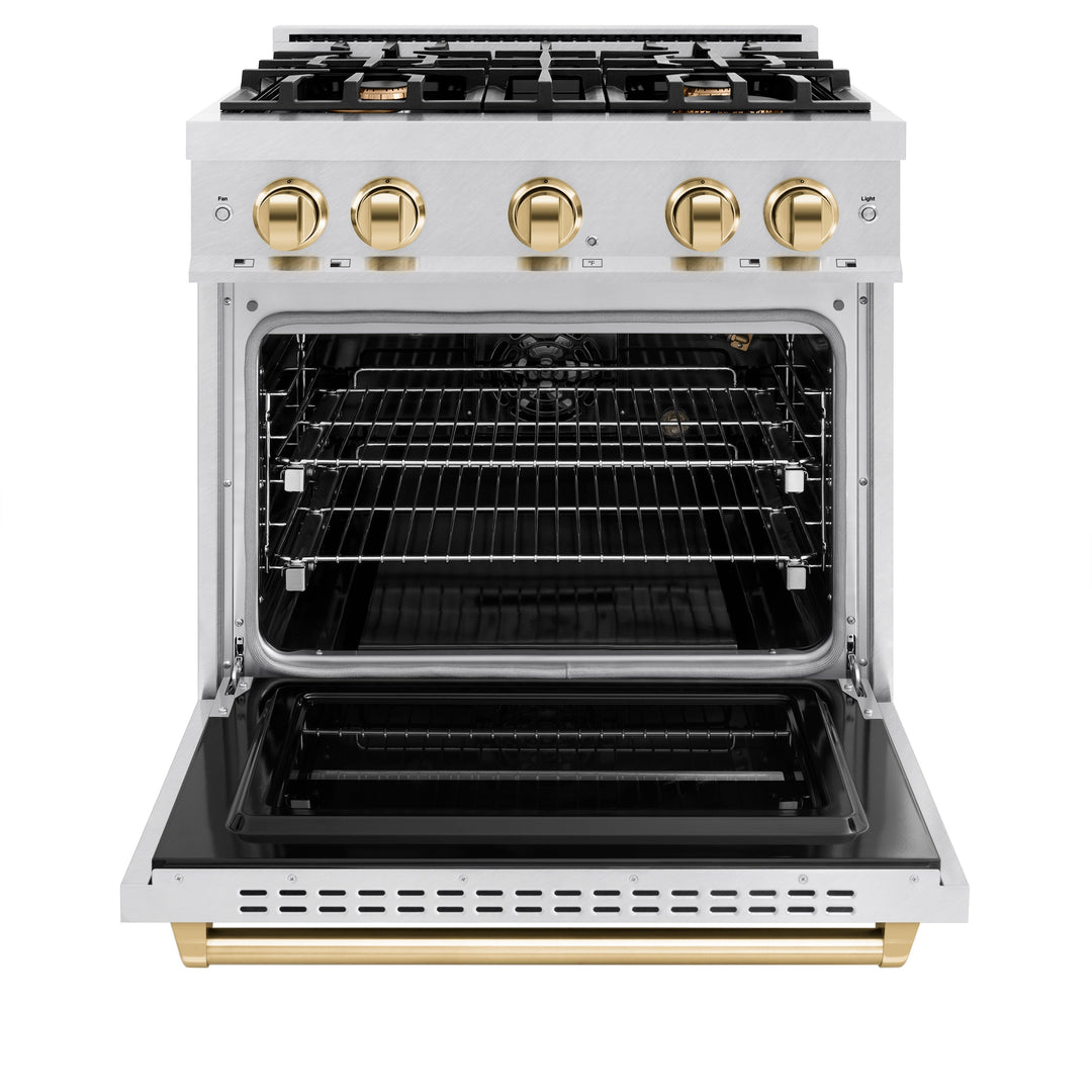 ZLINE Autograph Edition 30" 4.2 cu. ft. Classic Gas Range with 4 Burners in DuraSnow® Stainless Steel and Polished Gold Accents, CGRSZ-30-G