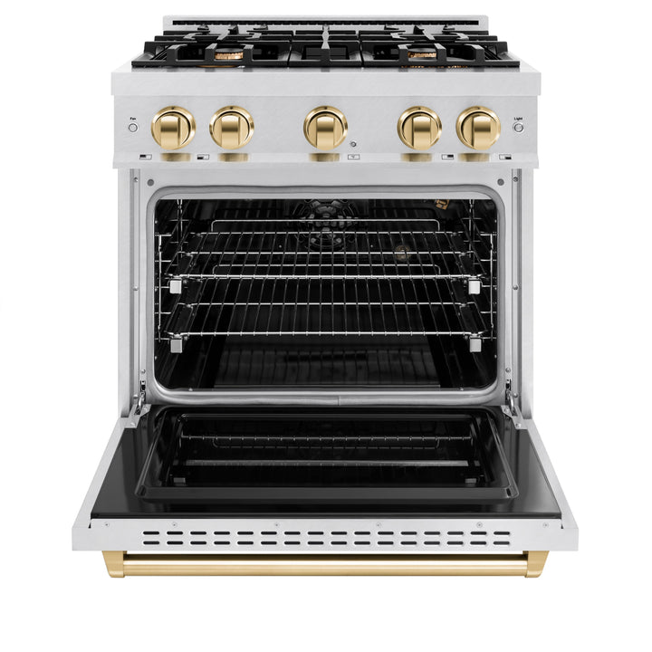 ZLINE Autograph Edition 30" 4.2 cu. ft. Classic Gas Range with 4 Burners in DuraSnow® Stainless Steel and Polished Gold Accents, CGRSZ-30-G