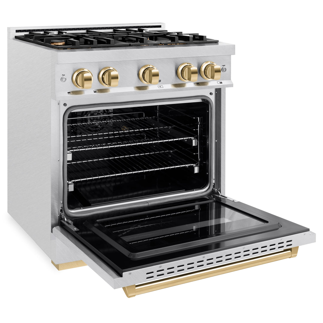 ZLINE Autograph Edition 30" 4.2 cu. ft. Classic Gas Range with 4 Burners in DuraSnow® Stainless Steel and Polished Gold Accents, CGRSZ-30-G