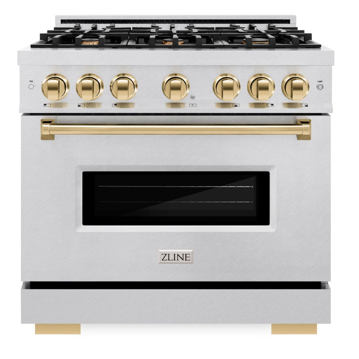 ZLINE Autograph Edition 36" 5.2 cu. ft. Classic Gas Range with 6 Burners in DuraSnow® Stainless Steel and Polished Gold Accents, CGRSZ-36-G