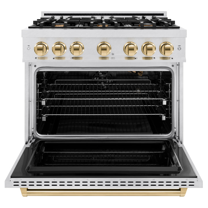 ZLINE Autograph Edition 36" 5.2 cu. ft. Classic Gas Range with 6 Burners in DuraSnow® Stainless Steel and Polished Gold Accents, CGRSZ-36-G