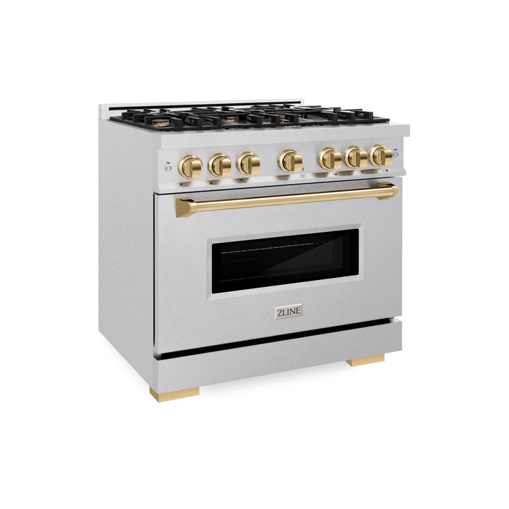 ZLINE Autograph Edition 36" 5.2 cu. ft. Classic Gas Range with 6 Burners in DuraSnow® Stainless Steel and Polished Gold Accents, CGRSZ-36-G