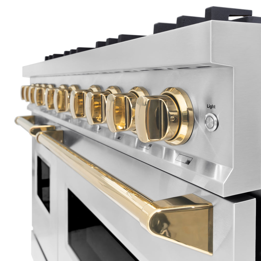 ZLINE Autograph Edition 48" 6.7 cu. ft. Classic Double Oven Dual Fuel Range with 8 Burners in Stainless Steel and Polished Gold Accents, CDRZ-48-G