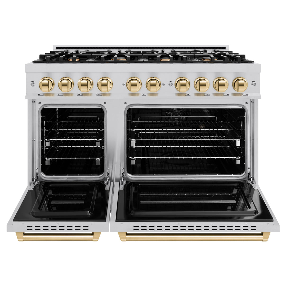 ZLINE Autograph Edition 48" 6.7 cu. ft. Classic Double Oven Dual Fuel Range with 8 Burners in Stainless Steel and Polished Gold Accents, CDRZ-48-G
