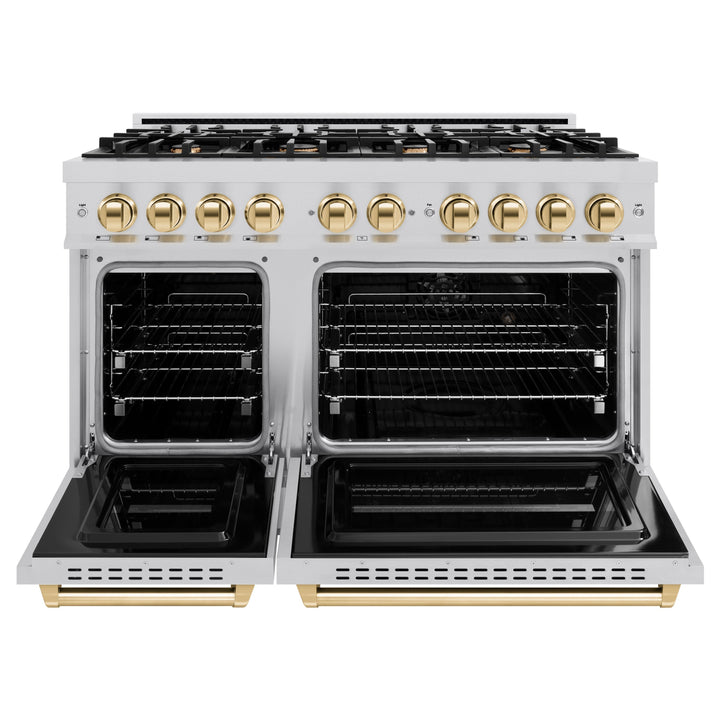ZLINE Autograph Edition 48" 6.7 cu. ft. Classic Double Oven Dual Fuel Range with 8 Burners in Stainless Steel and Polished Gold Accents, CDRZ-48-G