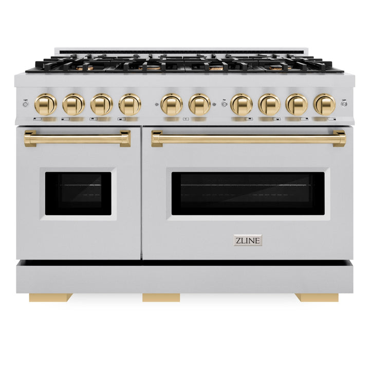 ZLINE Autograph Edition 48" 6.7 cu. ft. Classic Double Oven Dual Fuel Range with 8 Burners in Stainless Steel and Polished Gold Accents, CDRZ-48-G