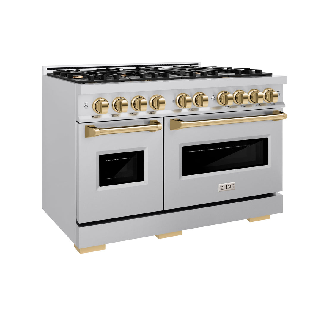 ZLINE Autograph Edition 48" 6.7 cu. ft. Classic Double Oven Dual Fuel Range with 8 Burners in Stainless Steel and Polished Gold Accents, CDRZ-48-G