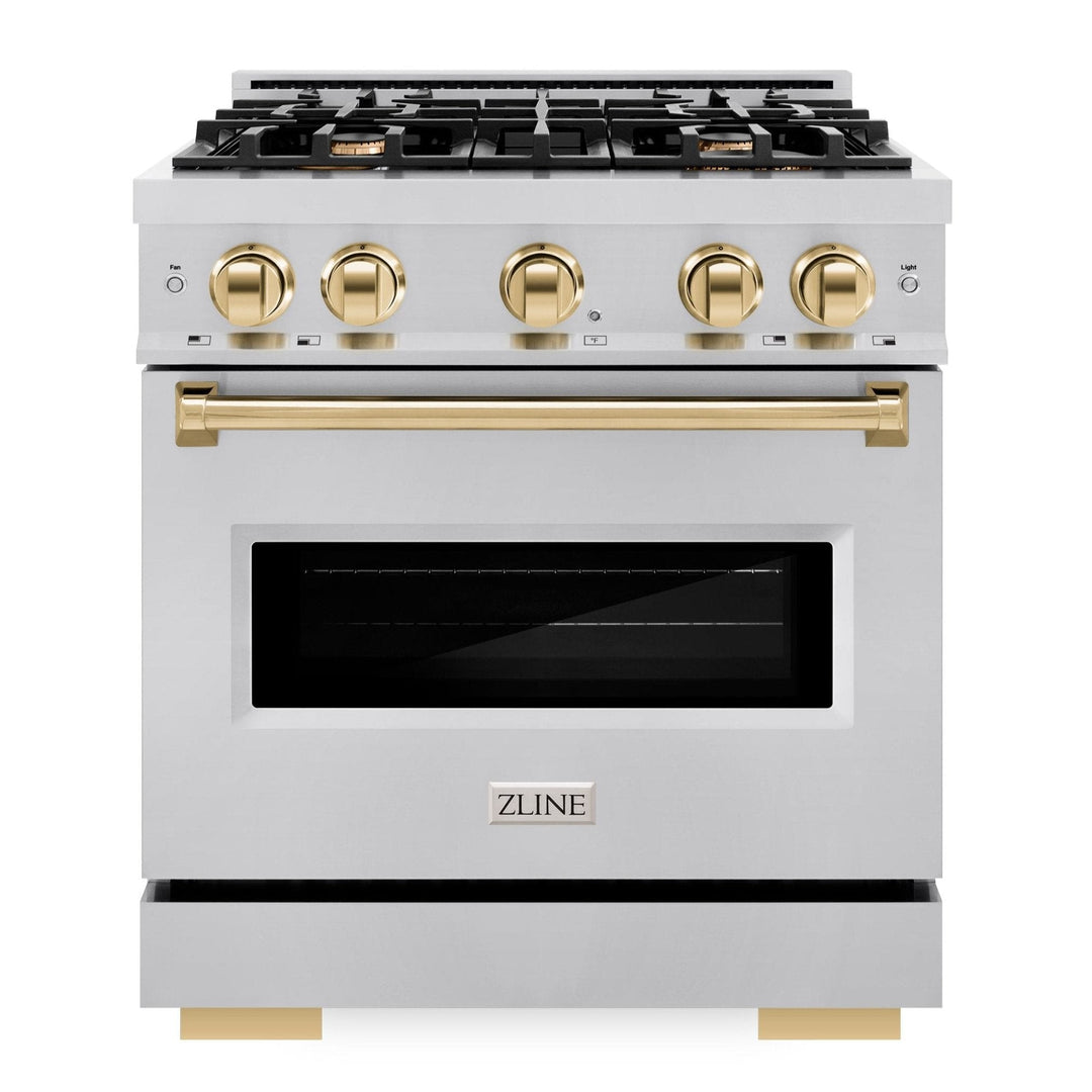 ZLINE Autograph Edition 30" 4.2 cu. ft. Classic Gas Range with 4 Burners in Stainless Steel and Polished Gold Accents, CGRZ-30-G