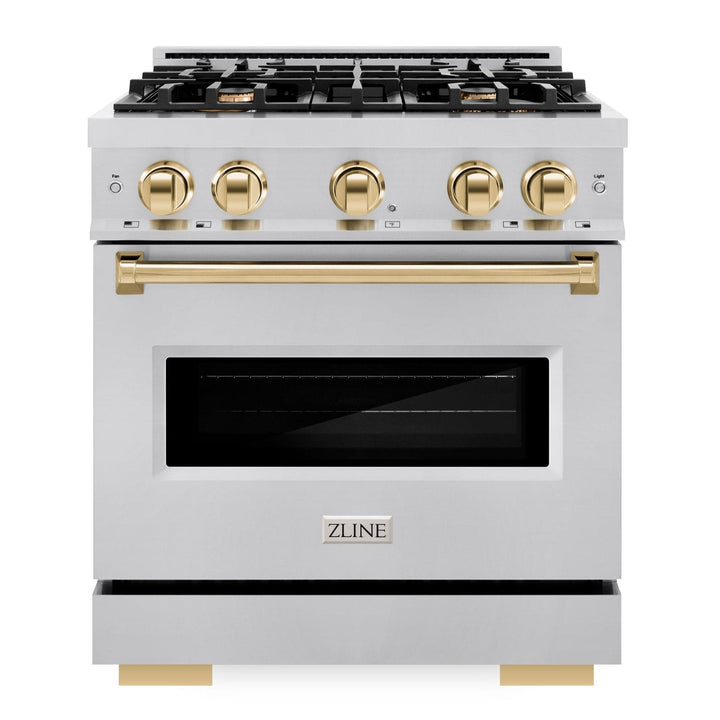 ZLINE Autograph Edition 30" 4.2 cu. ft. Classic Gas Range with 4 Burners in Stainless Steel and Polished Gold Accents, CGRZ-30-G