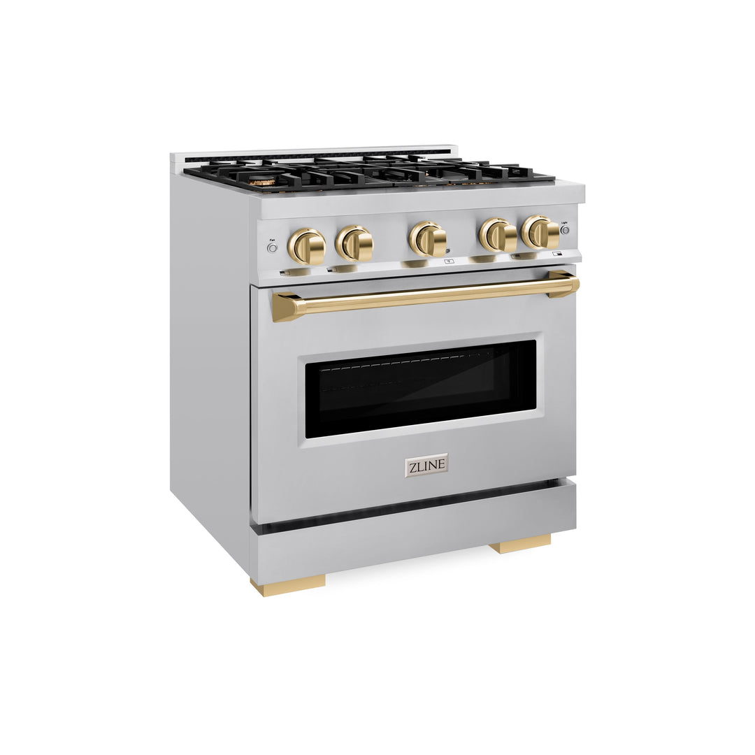 ZLINE Autograph Edition 30" 4.2 cu. ft. Classic Gas Range with 4 Burners in Stainless Steel and Polished Gold Accents, CGRZ-30-G