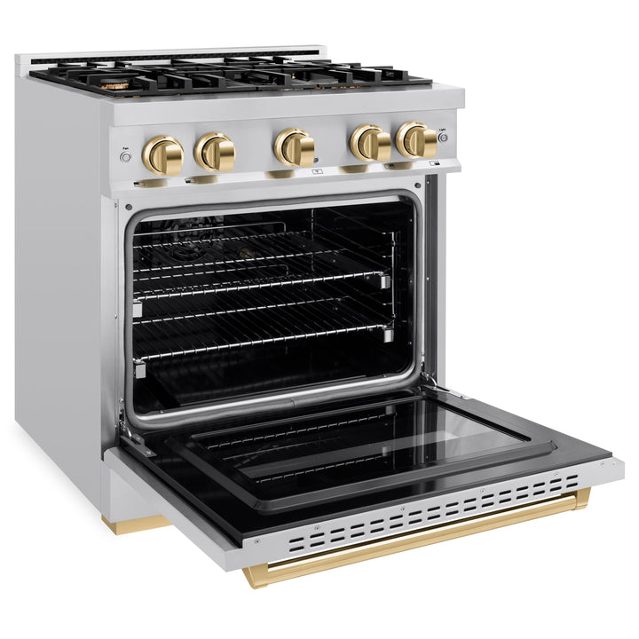 ZLINE Autograph Edition 30" 4.2 cu. ft. Classic Gas Range with 4 Burners in Stainless Steel and Polished Gold Accents, CGRZ-30-G