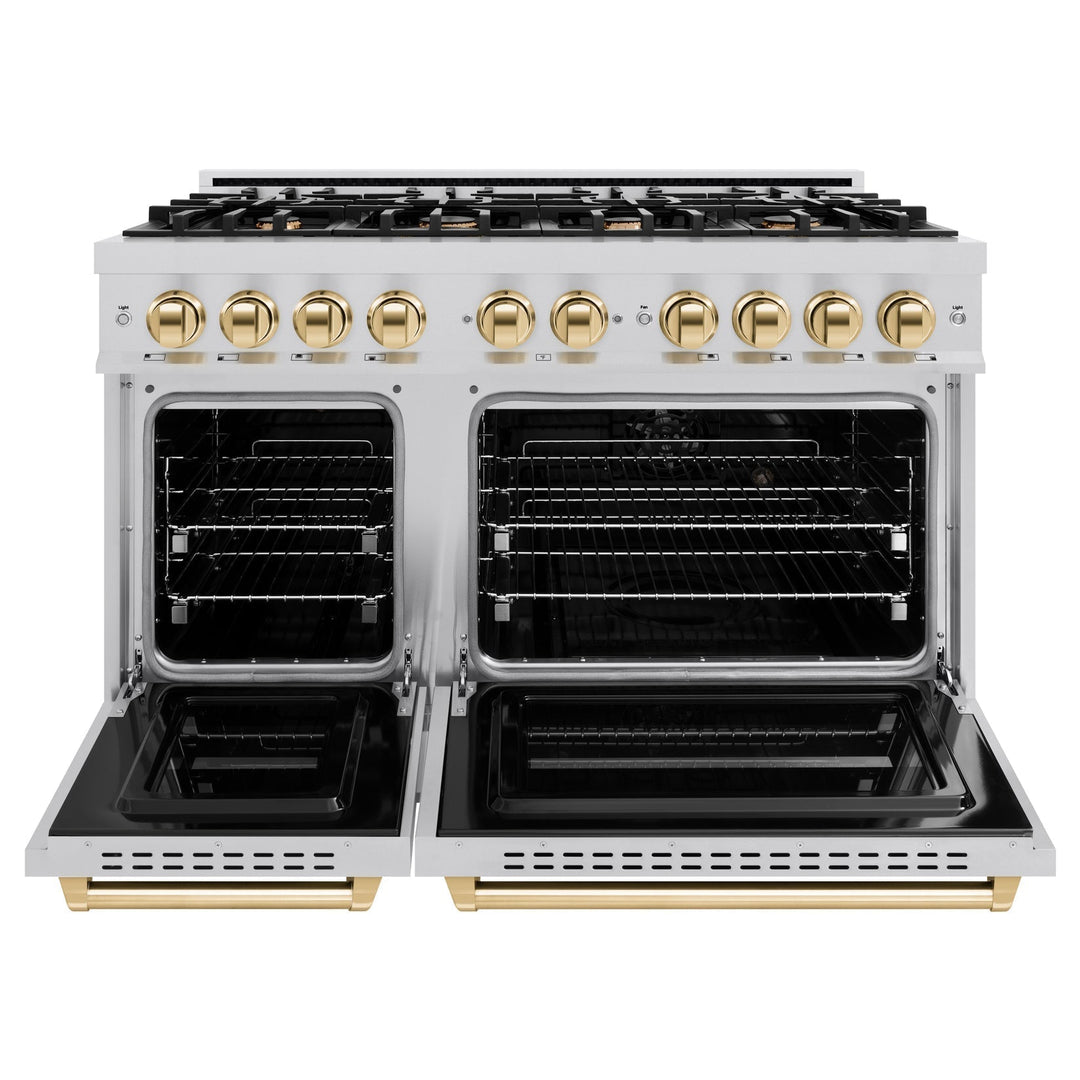 ZLINE Autograph Edition 48" 6.7 cu. ft. Classic Double Oven Gas Range with 8 Burners in Stainless Steel and Polished Gold Accents, CGRZ-48-G