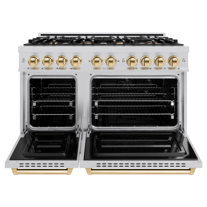 ZLINE Autograph Edition 48" 6.7 cu. ft. Classic Double Oven Gas Range with 8 Burners in Stainless Steel and Polished Gold Accents, CGRZ-48-G