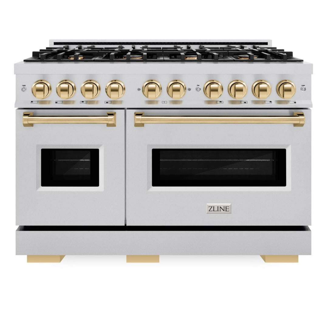 ZLINE Autograph Edition 48" 6.7 cu. ft. Classic Double Oven Gas Range with 8 Burners in Stainless Steel and Polished Gold Accents, CGRZ-48-G