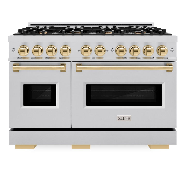 ZLINE Autograph Edition 48" 6.7 cu. ft. Classic Double Oven Gas Range with 8 Burners in Stainless Steel and Polished Gold Accents, CGRZ-48-G