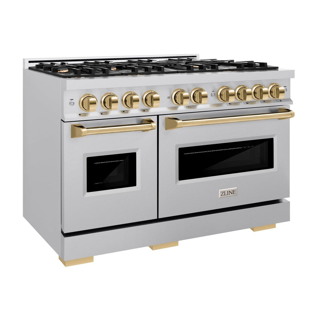 ZLINE Autograph Edition 48" 6.7 cu. ft. Classic Double Oven Gas Range with 8 Burners in Stainless Steel and Polished Gold Accents, CGRZ-48-G