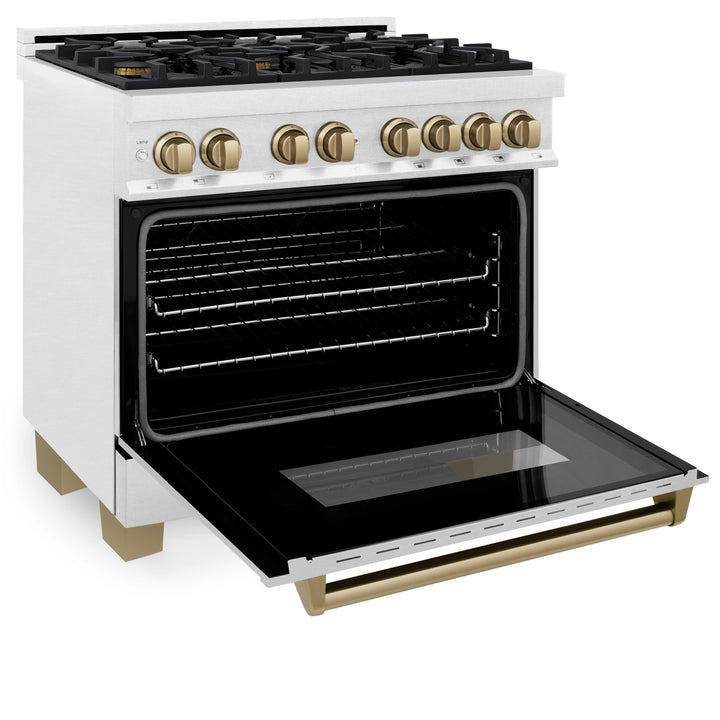 ZLINE Autograph Edition 36 in. 4.6 cu. ft. Range with Gas Stove and Electric Oven in DuraSnow® with Champagne Bronze Accents, RASZ-SN-36-CB