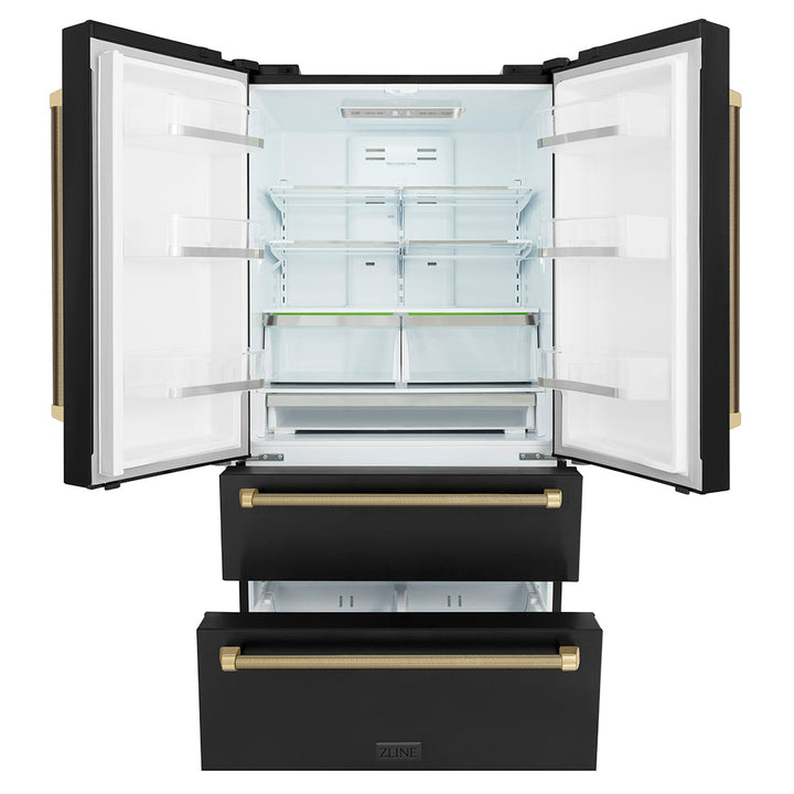 ZLINE Autograph Edition 36 in. 22.5 cu. ft. Counter-Depth French Door Refrigerator with Ice Maker in Fingerprint-Resistant Black Stainless Steel and Champagne Bronze Helix Handles (RFMZ-36-BS-KCB)
