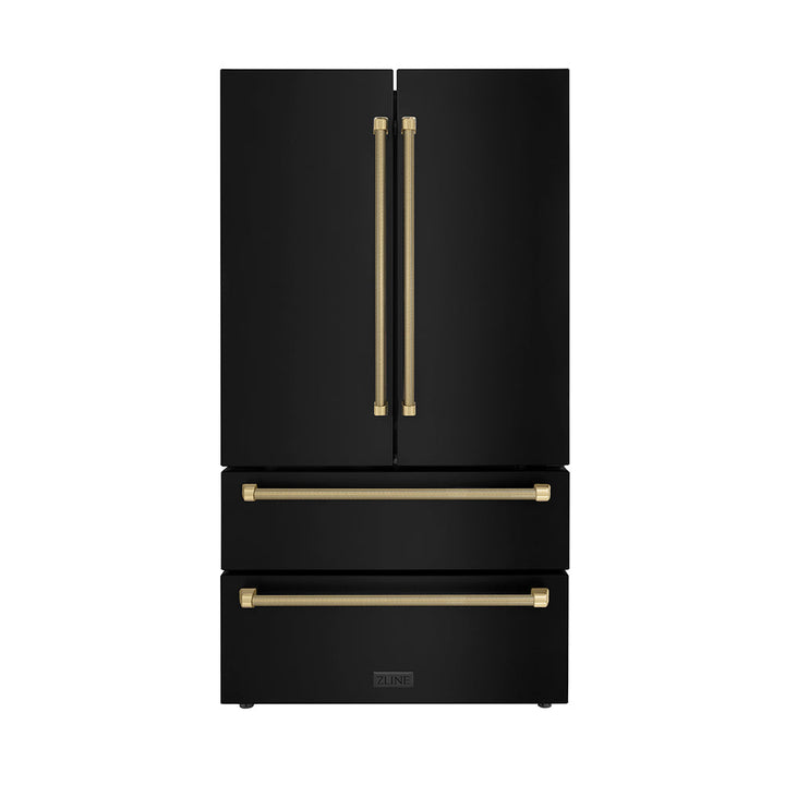 ZLINE Autograph Edition 36 in. 22.5 cu. ft. Counter-Depth French Door Refrigerator with Ice Maker in Fingerprint-Resistant Black Stainless Steel and Champagne Bronze Helix Handles (RFMZ-36-BS-KCB)