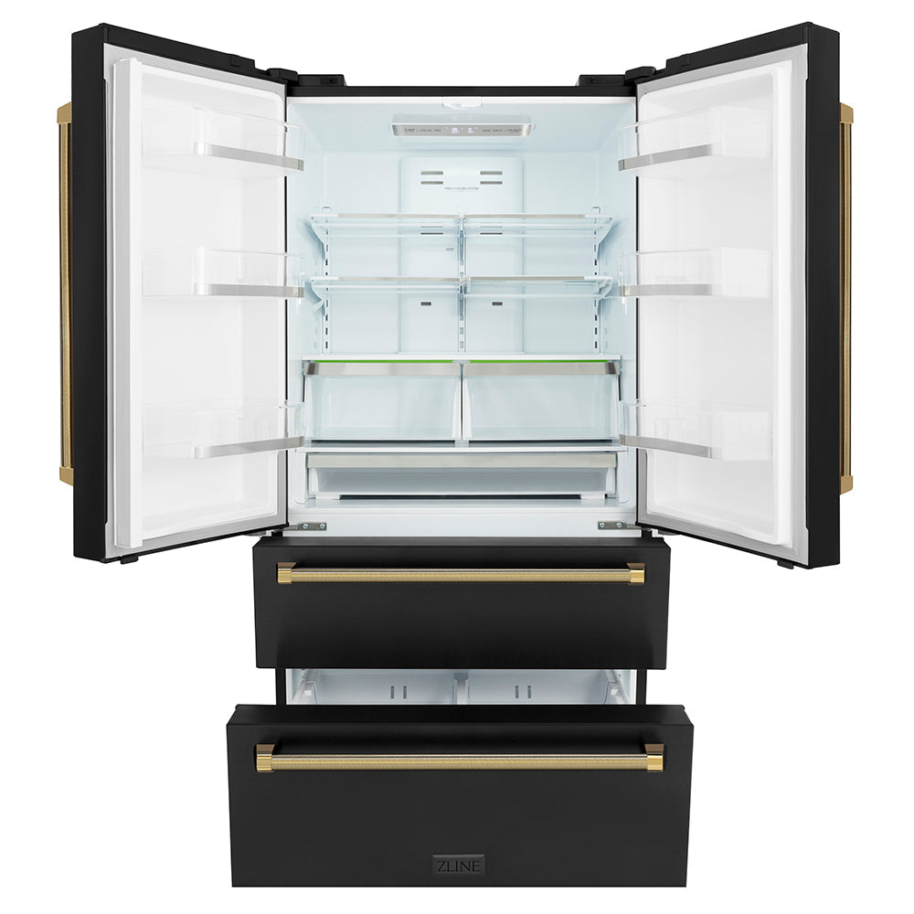 ZLINE Autograph Edition 36 in. 22.5 cu. ft. Counter-Depth French Door Refrigerator with Ice Maker in Fingerprint-Resistant Black Stainless Steel and Polished Gold Helix Handles (RFMZ-36-BS-KG)