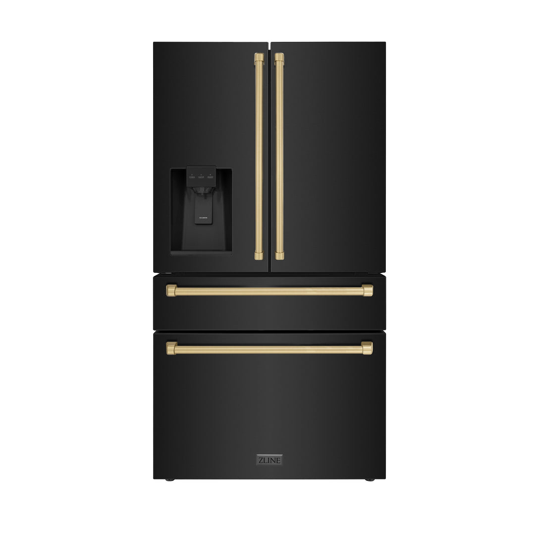 ZLINE Autograph Edition 36 in. 21.6 cu. ft Counter-Depth French Door Refrigerator with Water and Ice Dispenser in Fingerprint-Resistant Black Stainless Steel with Champagne Bronze Traditional Handles (RFMZ-W-36-BS-CB)