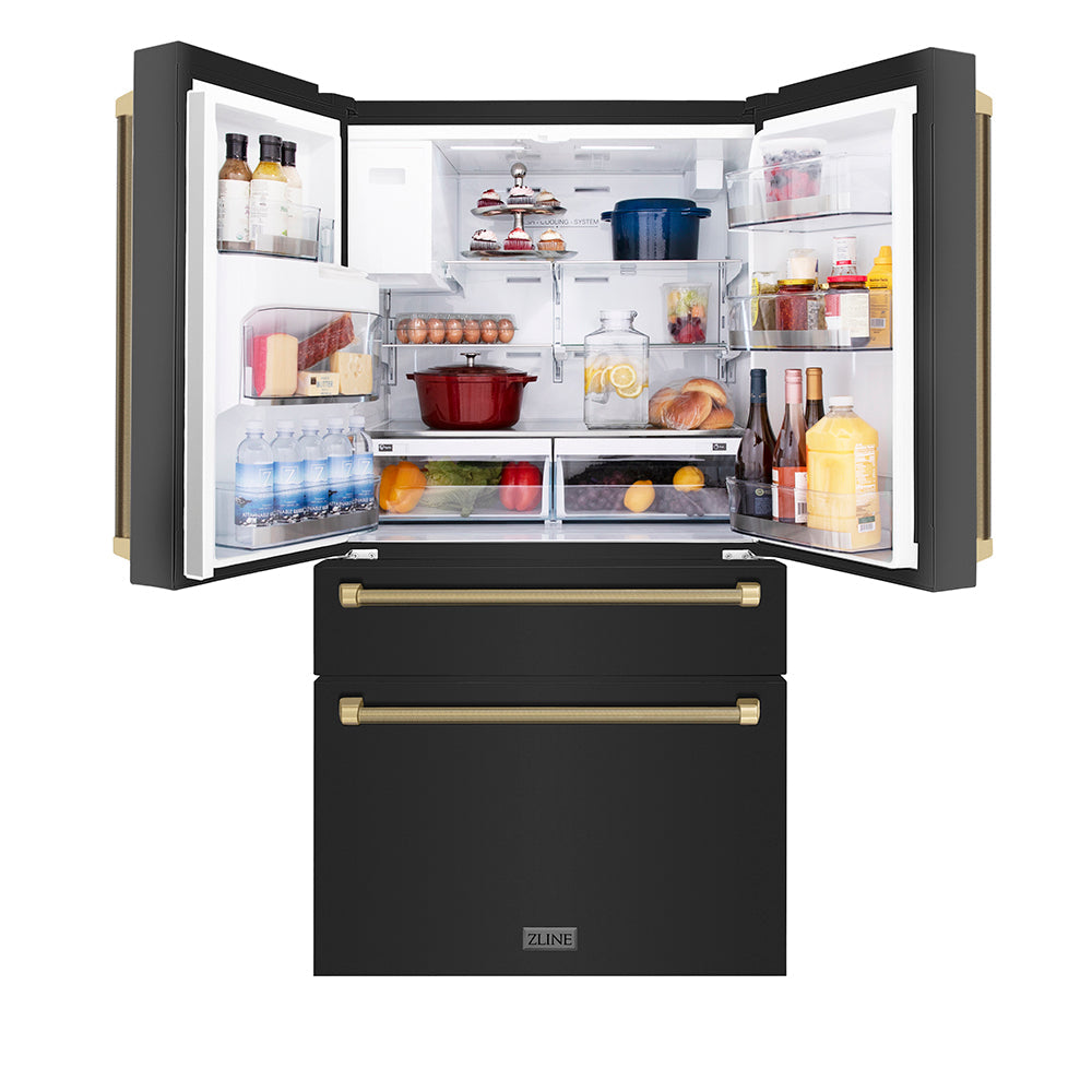 ZLINE Autograph Edition 36 in. 21.6 cu. ft. Counter-Depth French Door Refrigerator with Water and Ice Dispenser in Fingerprint-Resistant Black Stainless Steel with Champagne Bronze Helix Handles (RFMZ-W36-BS-KCB)