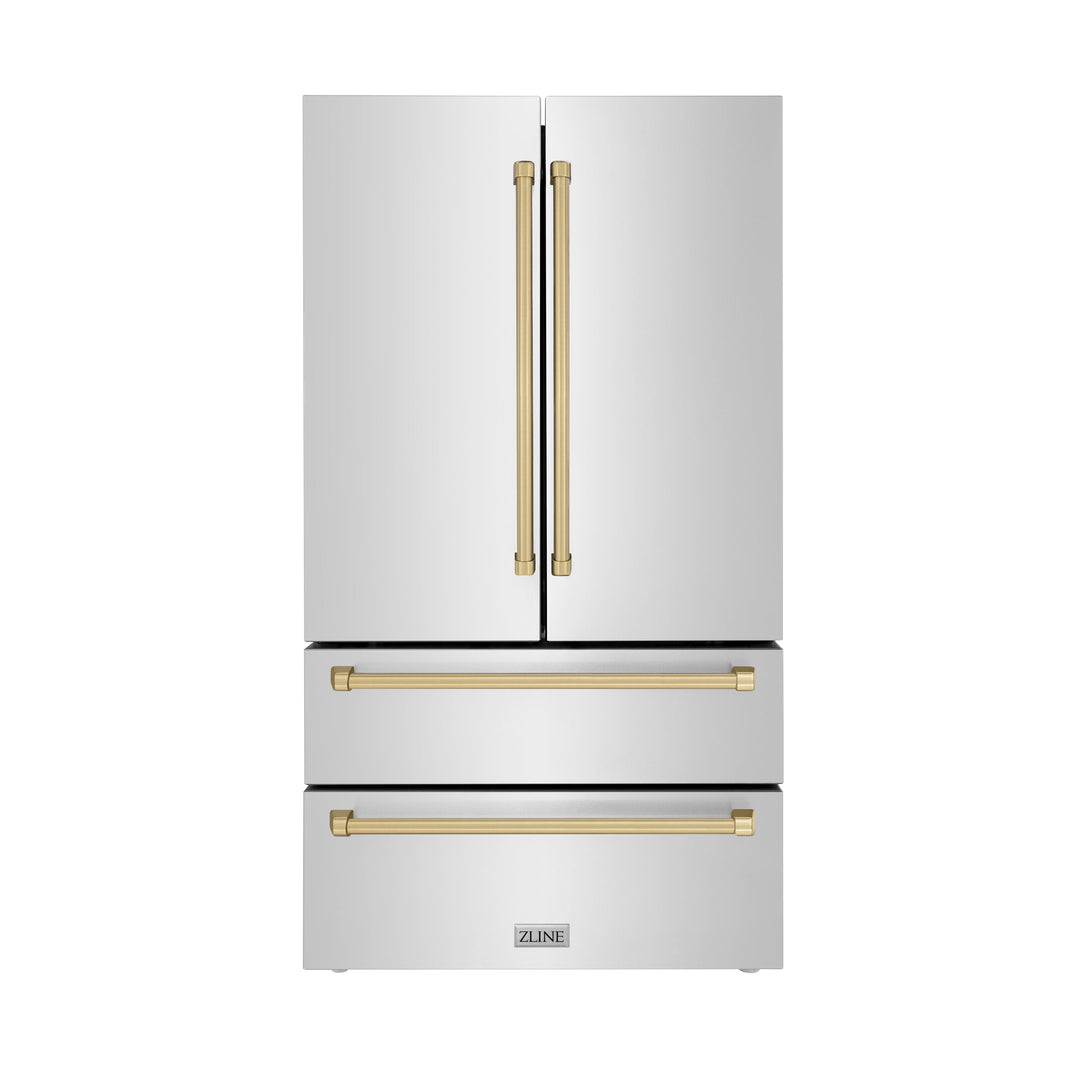 ZLINE Autograph Edition 36 in. 22.5 cu. ft. Counter-Depth French Door Refrigerator with Ice Maker in Fingerprint-Resistant Stainless Steel with Champagne Bronze Traditional Handles (RFMZ-36-CB)