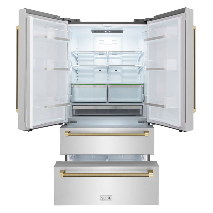 ZLINE Autograph Edition 36 in. 22.5 cu. ft. Counter-Depth French Door Refrigerator with Ice Maker in Fingerprint-Resistant Stainless Steel and Champagne Bronze Helix Handles (RFMZ-36-KCB)