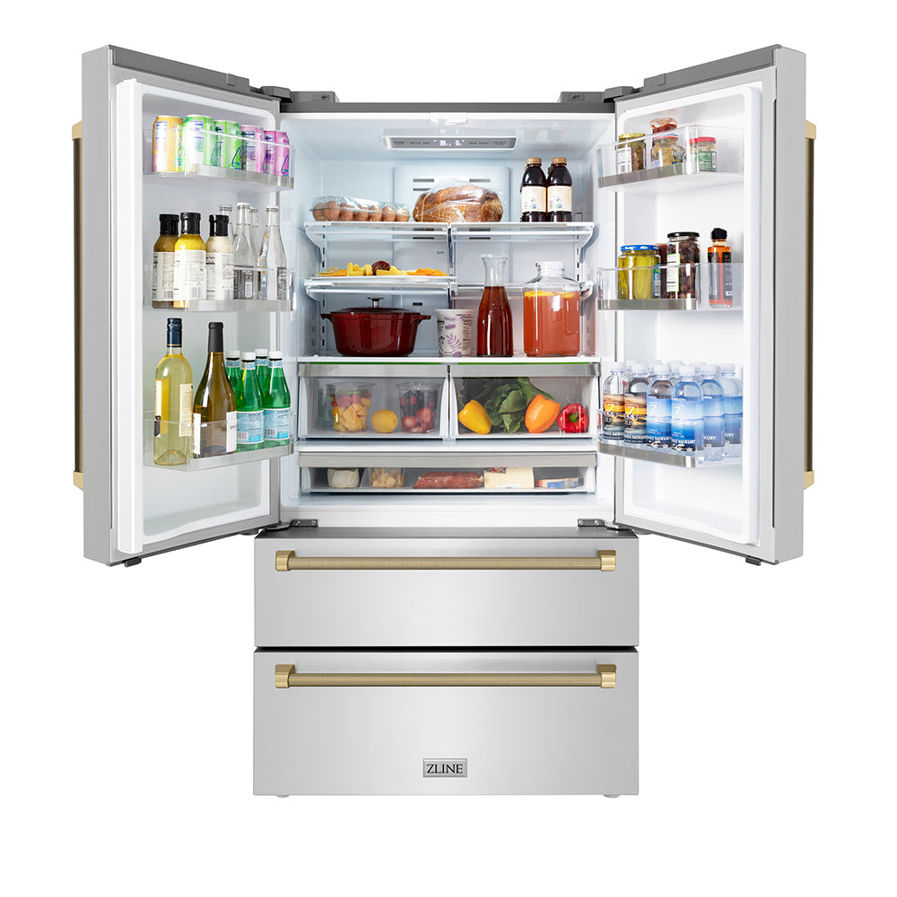 ZLINE Autograph Edition 36 in. 22.5 cu. ft. Counter-Depth French Door Refrigerator with Ice Maker in Fingerprint-Resistant Stainless Steel and Champagne Bronze Helix Handles (RFMZ-36-KCB)