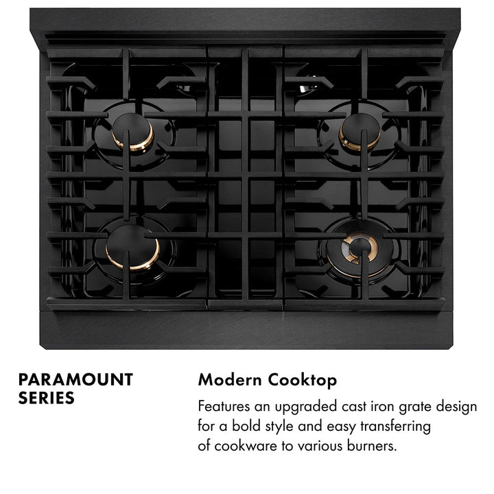 ZLINE Designer Collection 30 in. 4.2 cu. ft. Paramount Gas Range with 4 Burner Cooktop and Convection Gas Oven in Black Satin Stainless Steel with Matte Black and Champagne Bronze Accents (SGRBSZ-30-MBCB)