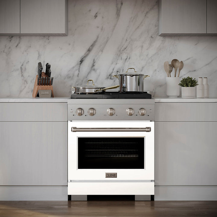 ZLINE 30 in. 4.2 cu. ft. Paramount Dual Fuel Range with 4 Burner DuoProâ„¢ Cooktop and Electric Convection Oven with White Matte Door (PSDR-WM-30)
