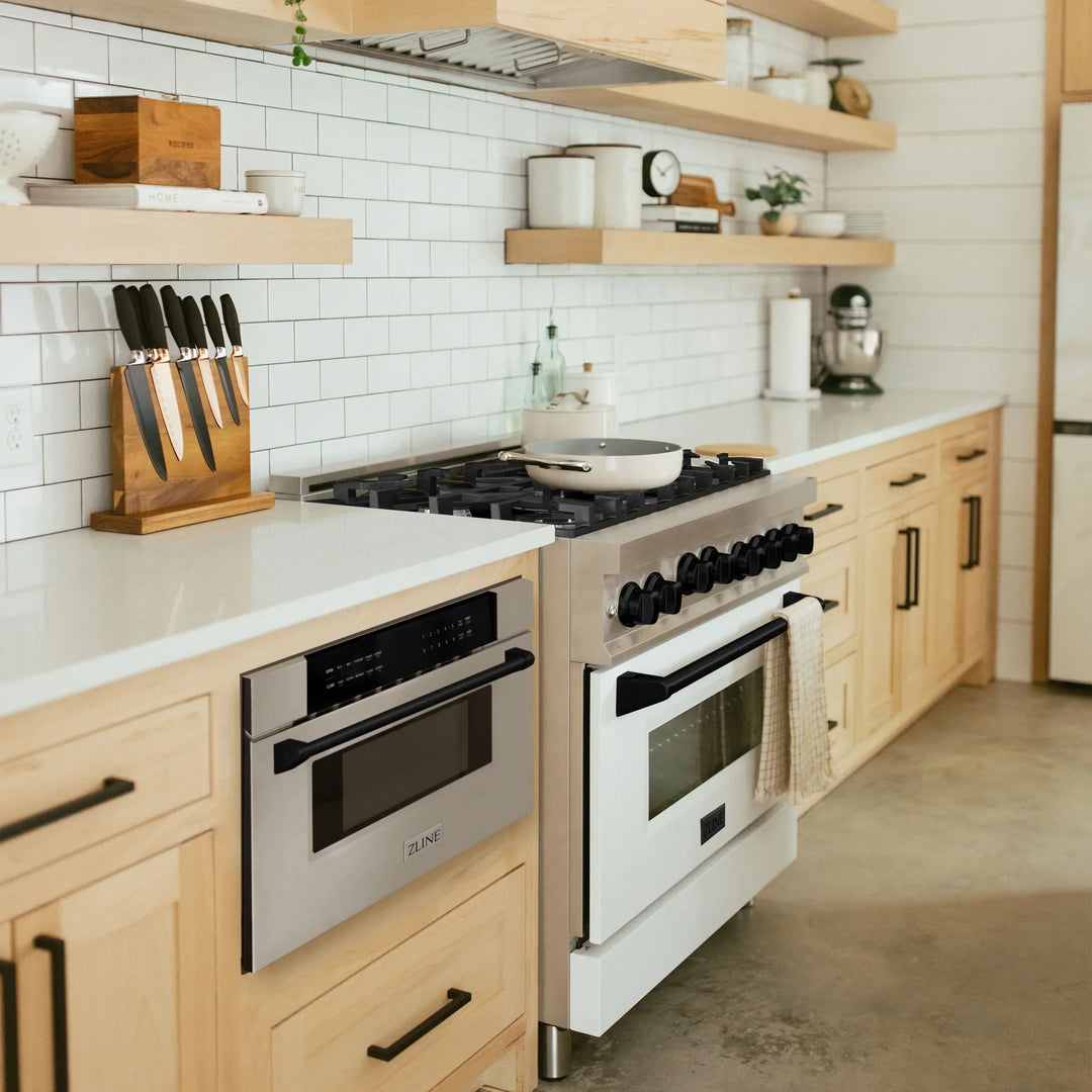 ZLINE Autograph Matte Black Package - 36" Rangetop, 36" Range Hood, Dishwasher, Refrigerator, Microwave Drawer