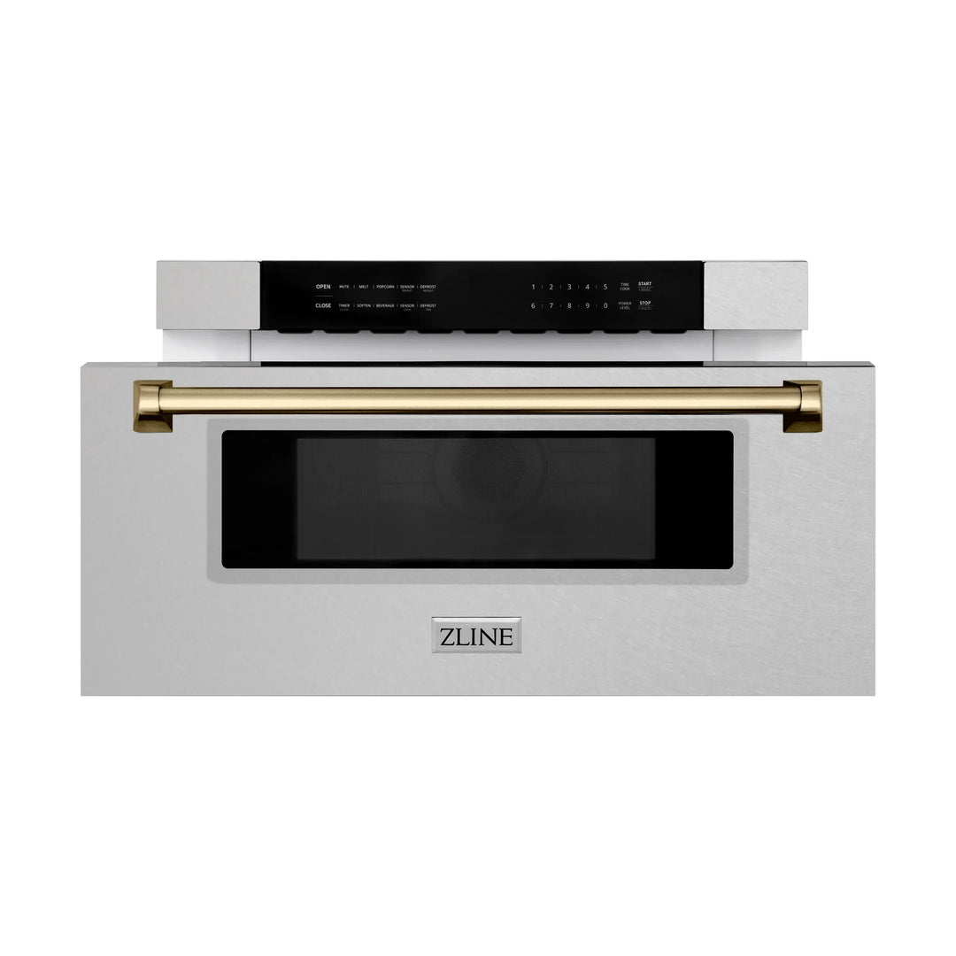 ZLINE Autograph 30 In. 1.2 cu. ft. Built-In Microwave Drawer In Fingerprint Resistant Stainless Steel With Champagne Bronze Accents, MWDZ-30-SS-CB