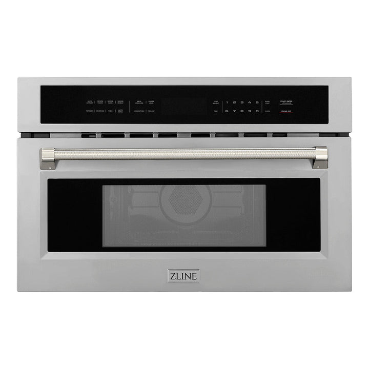 ZLINE Autograph Edition 30 in. 1.6 cu ft. Built-in Convection Microwave Oven in Stainless Steel and Polished Nickel Helix Handle (MWOZ-30-KPN)